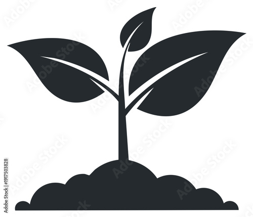Black silhouette of a young plant with two large leaves emerging from fertile soil, symbolizing growth and new beginnings.