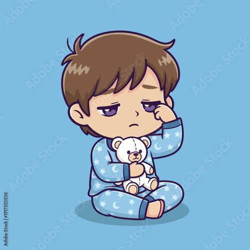 Sad cartoon boy sitting cross-legged holding a teddy bear with a melancholic expression on his face against a plain blue background.