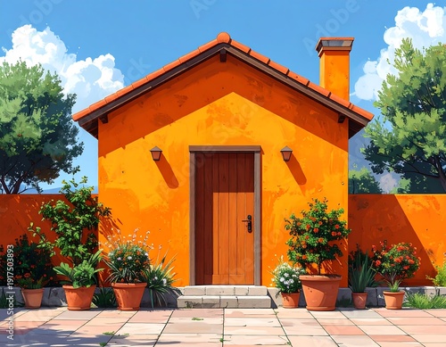 Bright orange building with a brown door, chimney, and roof under a blue sky. Landscaping is in terracotta pots
