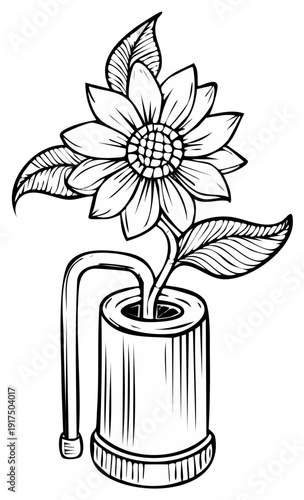 Stylized sunflower plant growing from an automotive oil filter with a connecting pipe in monochrome line art illustration