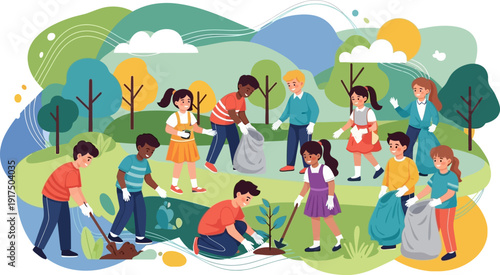 Community members engaging in a park cleanup and gardening activity together.