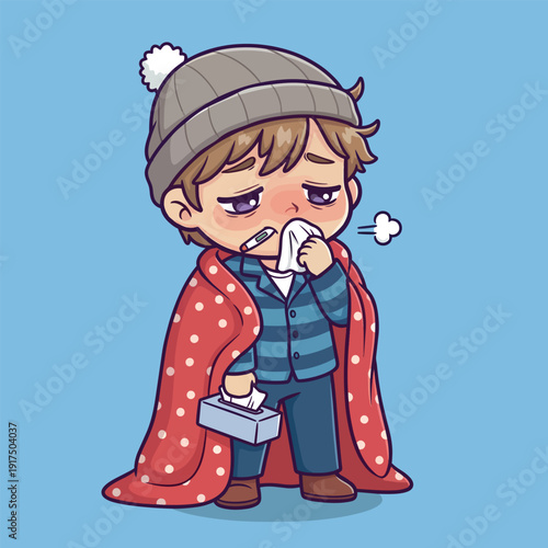 Cartoon boy with brown hair wearing a gray beanie and red polka-dot blanket blowing nose with tissue in hand holding box of tissues on blue background with sick expression.