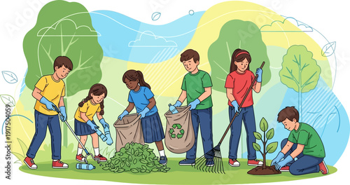 Group of people working together to clean and plant trees in a park.