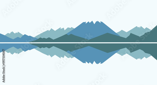 A stylized mountain range reflection is depicted in shades of blue and green on transparent background silhouette high quality professional detailed