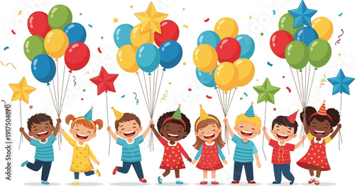 Children celebrating a joyful party with colorful balloons and confetti.