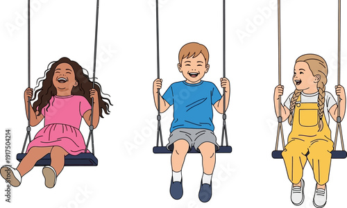Three happy children swinging on swings together outdoors.