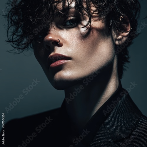 Close up portrait of a person with androgynous features and confident expression wearing stylish gender neutral fashion perfect for identity acceptance concept