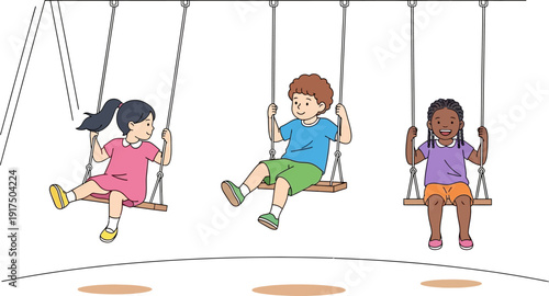 Three children happily swinging on a swing set together.