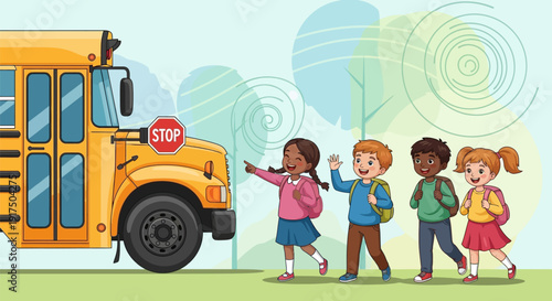 Children walking towards a stopped yellow school bus on a sunny day.