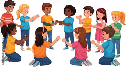 Diverse group of children kneeling in a circle holding hands together.