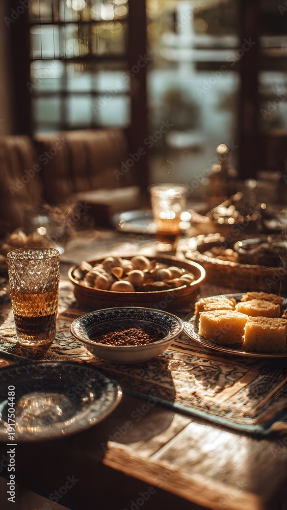 Fototapeta premium Middle Eastern style breakfast and tea spread on a wooden table in warm afternoon sunlight