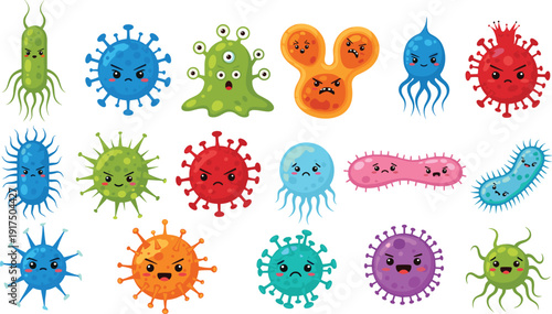 Cute Kawaii Bacteria and Virus Character Icon Set Featuring Colorful Germs, Microbes, and Pathogens with Funny Expressions for Health and Educational Science Designs