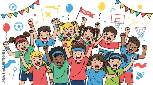 Diverse group of happy children celebrating sports day together.