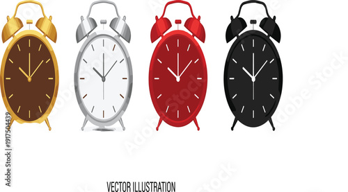 Set of Four Vintage Alarm Clock Vector Illustrations in Gold, Silver, Red, and Black for Time Management, Deadlines, Schedules, and Productivity Concepts