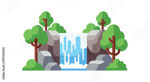 A vibrant stylized illustration of a waterfall cascading over rocks surrounded by lush trees on transparent background silhouette high quality professional