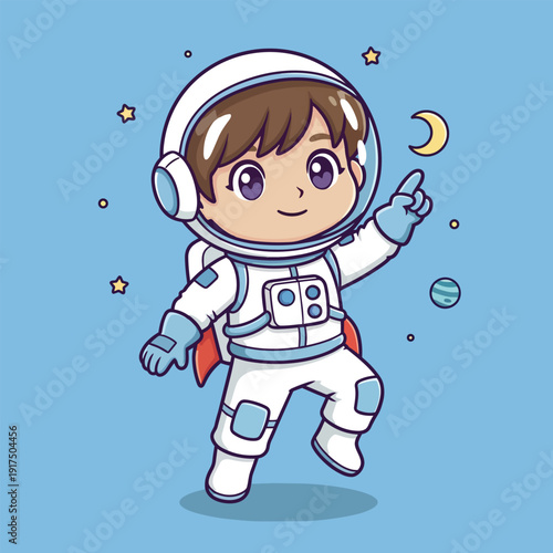 Cartoon illustration of a cheerful young astronaut floating in space with a helmet and suit, surrounded by stars and planets on a blue background.