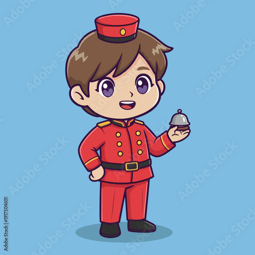 Cartoon illustration of a cheerful young bellhop holding a bell against a light blue background.