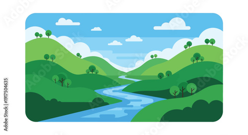 A serene landscape illustration featuring rolling green hills a winding river and fluffy clouds on transparent background silhouette high quality professional
