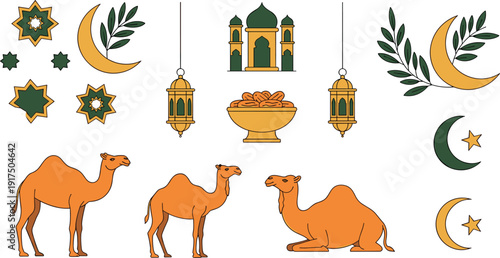 Islamic Ramadan Kareem Icon Set Featuring Camels, Mosque, Crescent Moon, Lanterns, and Stars for Eid Celebration, Religious Festivals, and Middle Eastern Cultural Designs