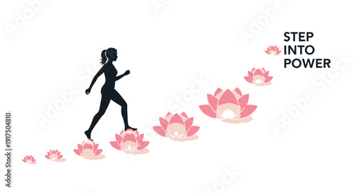 Empowerment vector illustration of woman stepping on lotus flowers, symbolizing growth and inner strength.