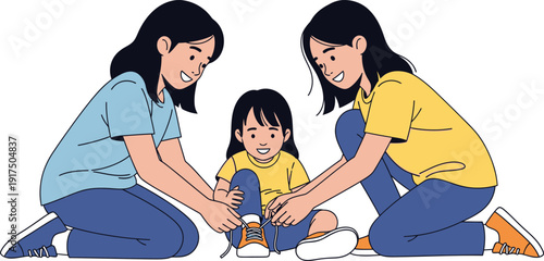 Two women assisting a young girl with putting on shoes.