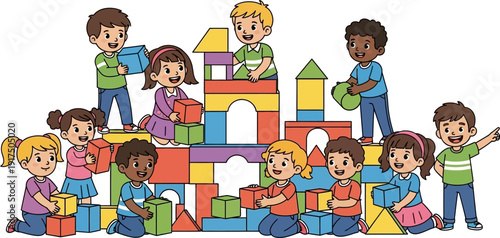 Diverse group of children playing with colorful building blocks together.