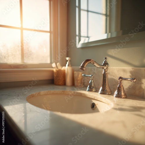 Close up of elegant bathroom sink with natural morning light streaming through frosted window creating bright atmosphere with simple luxurious fixtures, interior design and morning routine setting