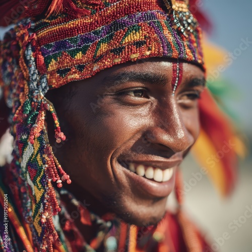 Close up of individual wearing colorful traditional ethnic outfit with joyful proud expression symbolizing cultural heritage identity perfect for ethnic fashion diversity and heritage celebration
