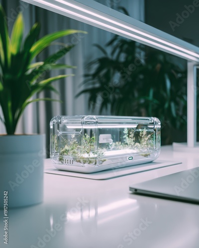 Close up of futuristic transparent device resting on white minimalist desk with green plant decor perfect for clean future technology vision and sustainable eco friendly design concepts
