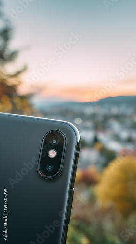 Close up of dual lens smartphone camera with blurred scenic background perfect for next generation mobile photography innovation and contemporary lifestyle technology concepts