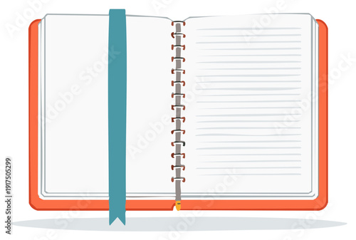 Open notebook with lined pages and blue bookmark, spiral binding
