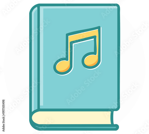 Cartoon illustration of a book with a musical note on its cover in a cute style.