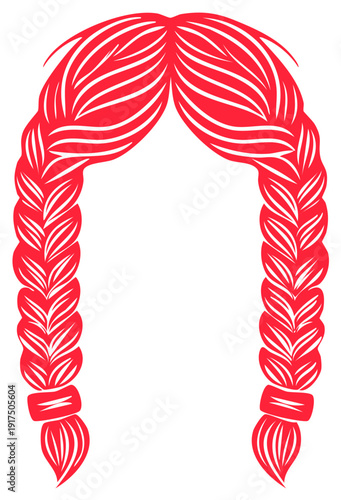 Red Braided Hairstyle Graphic Design Illustration, Vector Hair Braids on White Background