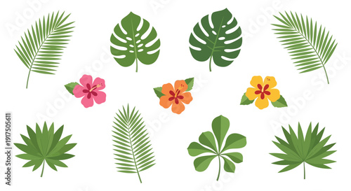 A vibrant collection of tropical leaves and hibiscus flowers presented as a flat vector silhouette on transparent background high quality professional