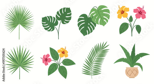 A vibrant collection of tropical leaves and hibiscus flowers depicted in a flat vector style on transparent background silhouette high quality