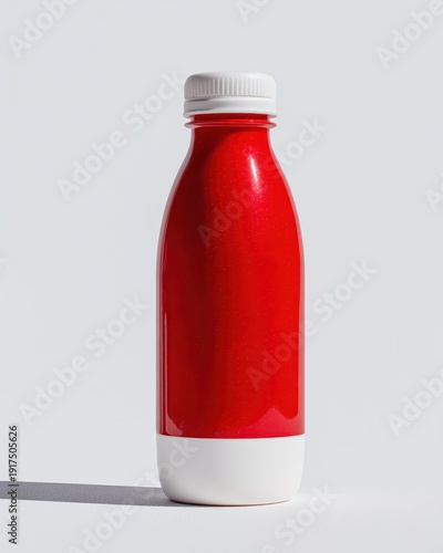 Iconic red and white product bottle standing alone on a clean white background, symbolizing a timeless design and refreshing energy for mental clarity and wellness advertisements.
