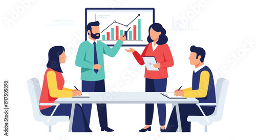 A business meeting with a presenter and team discussing data charts ideal for presentations on transparent background silhouette high quality professional