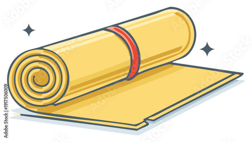 An old yellow parchment scroll with a red ribbon unrolling to reveal a blank message or document