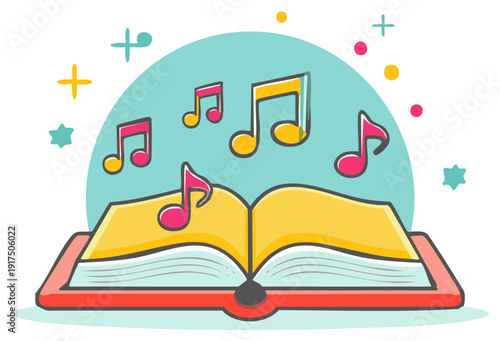 Open Book with Colorful Music Notes Illustration