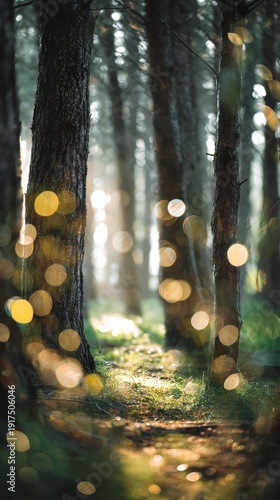 Ethereal woodland scene with soft bokeh light and gentle sunlight filtering through trees, creating a tranquil atmosphere ideal for meditation, mindfulness, and spiritual wellness concepts.