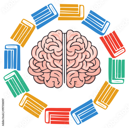 Colorful Books Circle Forming Around a Pink Human Brain Illustration