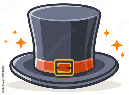 Cartoon Top Hat with Buckle and Sparkles Vector Illustration
