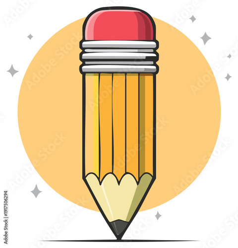 Cartoon illustration of a pencil with an eraser and a yellow background