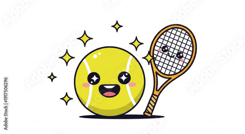 Smiling Tennis Ball with Racket on White Background