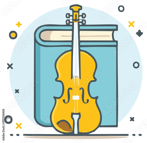 Musical Knowledge Icon with a Violin and Book Against a Colorful Background
