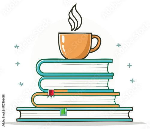 Cozy scene with a steaming cup of coffee resting on a stack of colorful books with bookmarks vector illustration