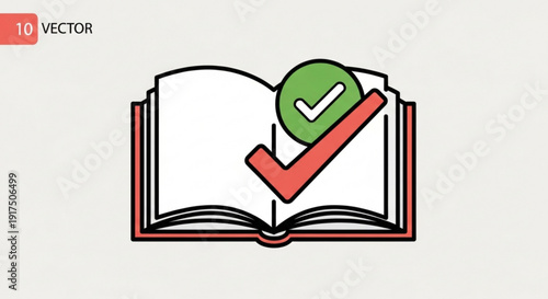 Open book with green checkmark and red verification symbol on white background