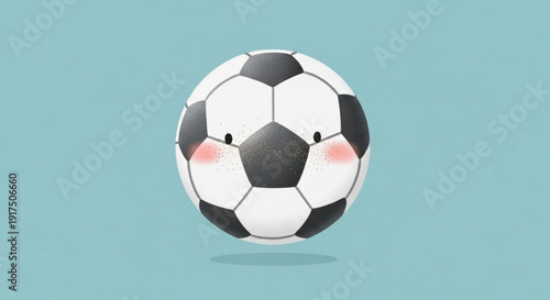 Blushing Soccer Ball with Shy Expression on Turquoise Background