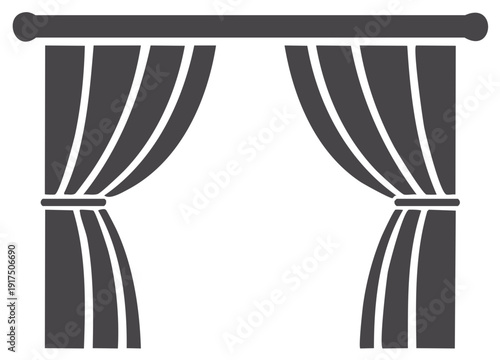 Simple open stage or window curtains with tie backs and a top rod flat vector icon