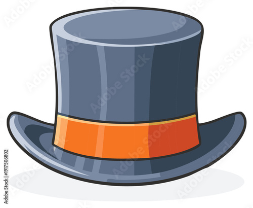 Elegant gray blue cartoon top hat illustration with a vibrant orange ribbon band